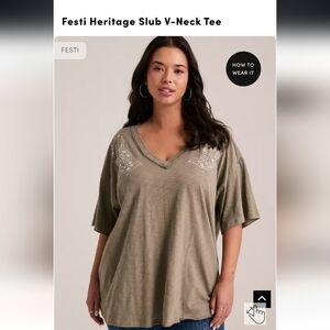 torrid Olive V-Neck Slub Tee with Embroidered Shoulders
